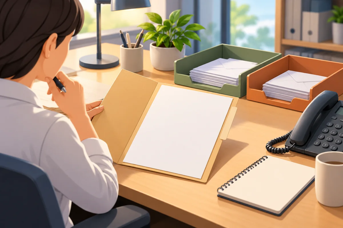 An organized desk with a blank requirement folder, a phone, and a carefully separated inbound and outbound envelope tray &mdash; detail view