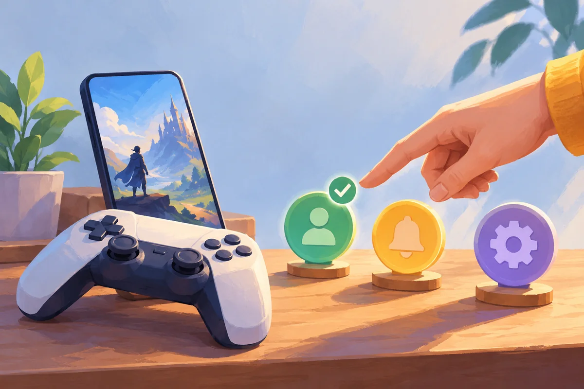 A stylized game controller beside a phone and separate tokens for registration, account notices and optional updates &mdash; detail view