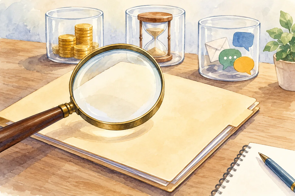 A magnifying lens above a plain proposal folder, with separate transparent containers for cost, timing and message type represented by objects &mdash; detail view