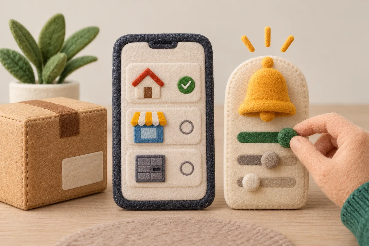 A courier parcel beside a phone and a tidy adjustable notification bell mechanism &mdash; detail view