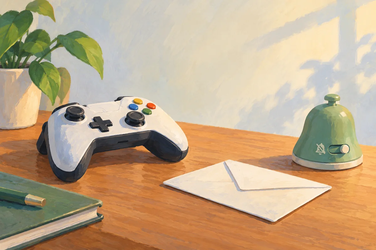 A game controller, a closed envelope and an adjustable quiet notification bell on a calm desk &mdash; detail view