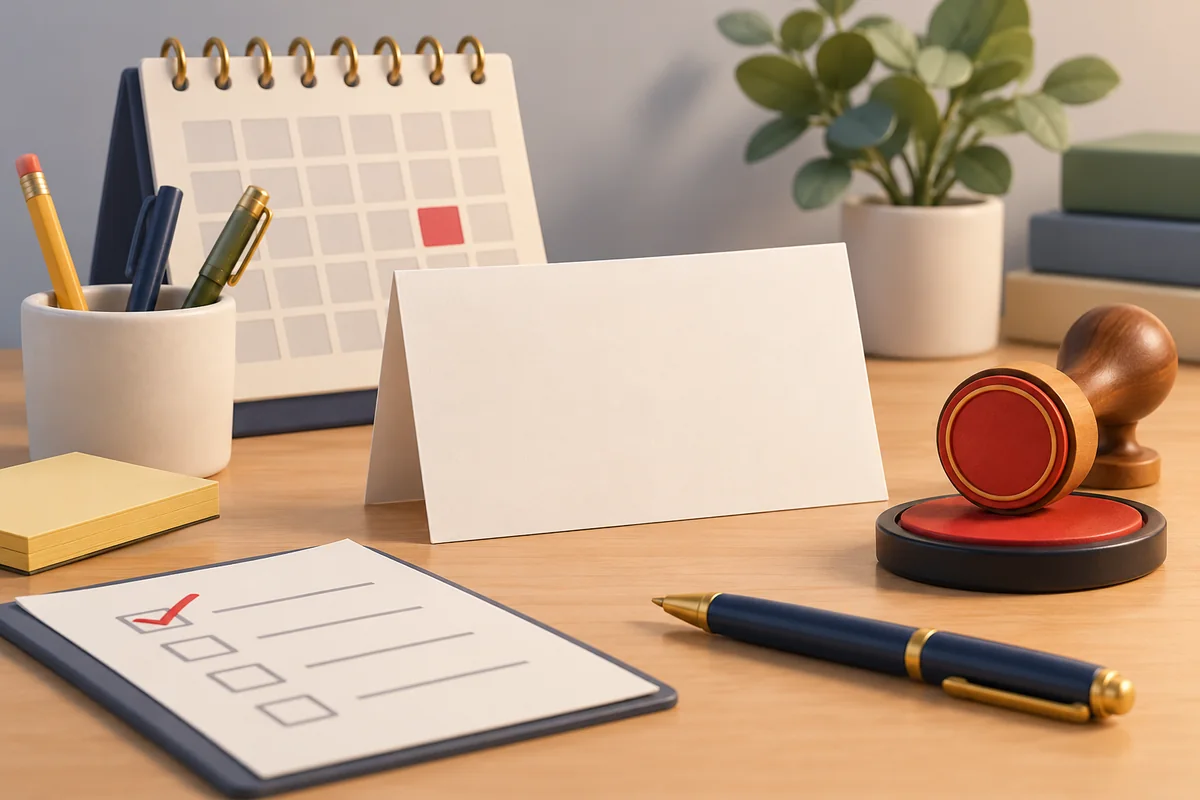 A newsroom desk with an unprinted event card, a calendar and a verification stamp without letters &mdash; detail view