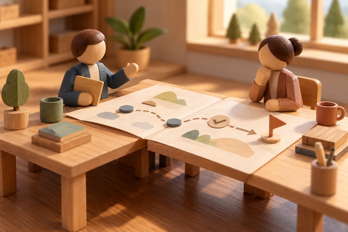 Two professional work tables connected by a shared open planning document and two distinct key holders &mdash; detail view