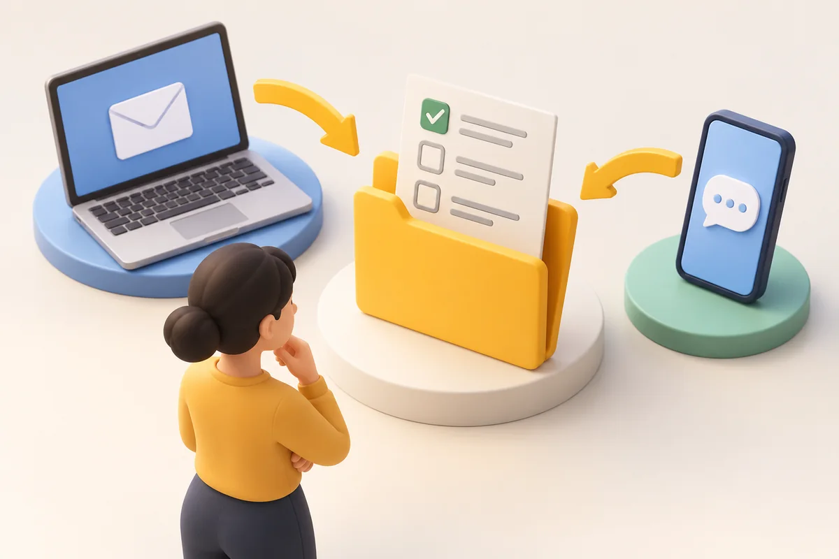 A laptop with a blank envelope symbol and a phone with a small message bubble, linked to one simple task folder &mdash; detail view