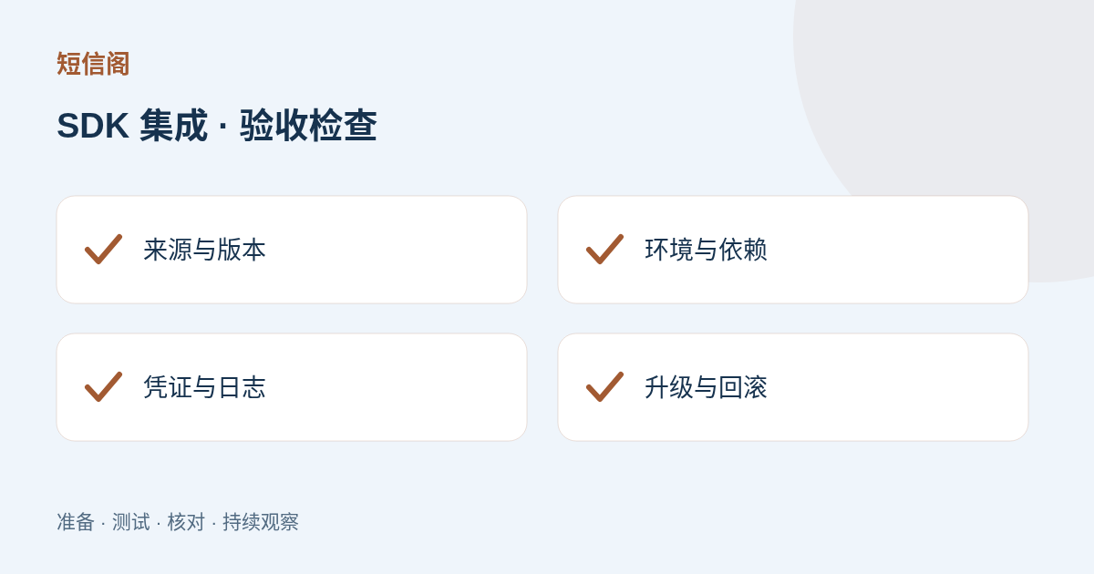 验收检查图:SDK 集成准备指南:版本选择、凭证与上线验收