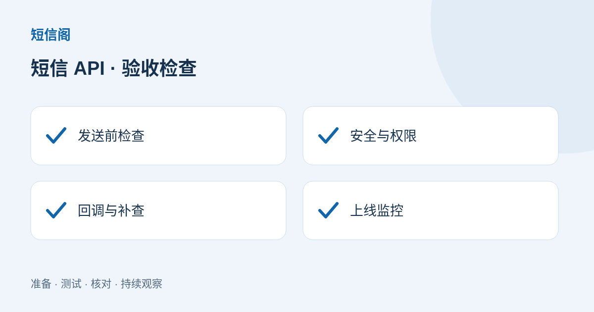 验收检查图：短信 API 接入准备指南：鉴权、发送、回执与上行